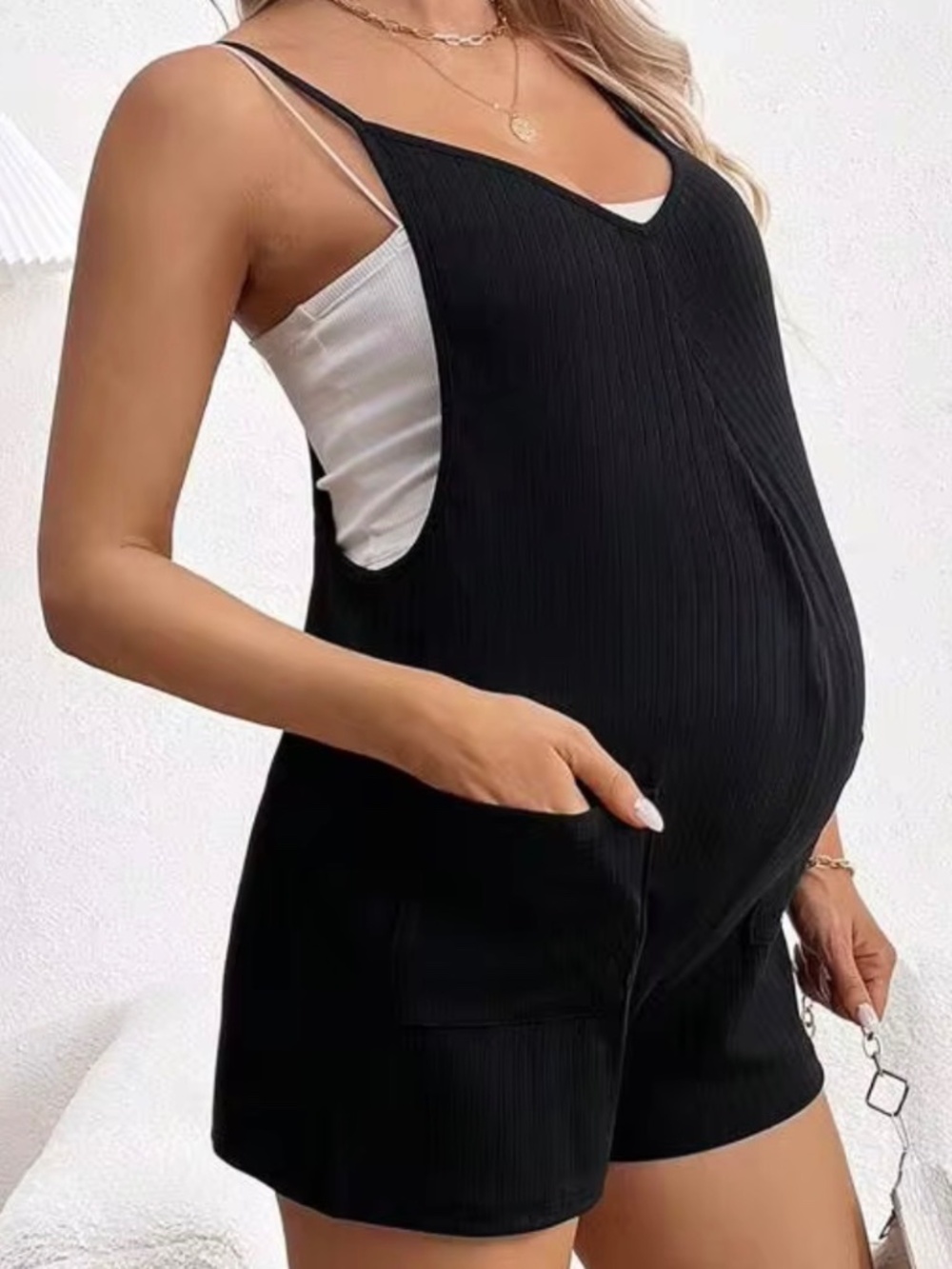 SHEIN Maternity Black Short Overalls Romper with Pockets XL Size 12